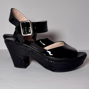 AGL Black Block Heel Patent Leather with Black Leopard Print, size US 6.5